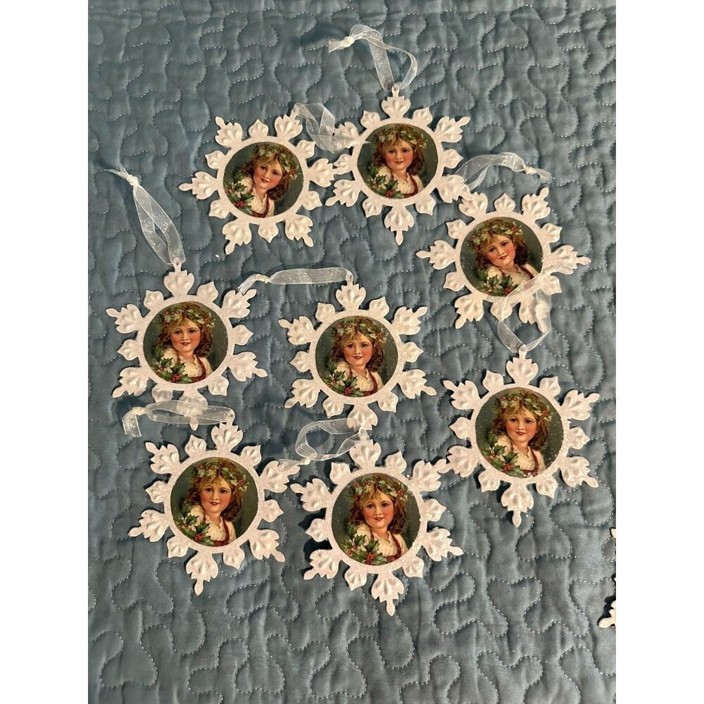 Vintage-Style Snowflake Ornaments With Victorian Girl Image Set Of 8 White Tin